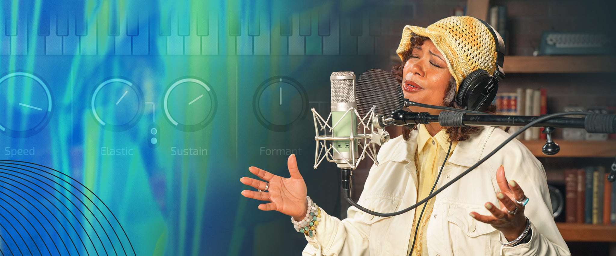 Vocalist singing into a microphone, with UAD Topline Vocal Tune in the background