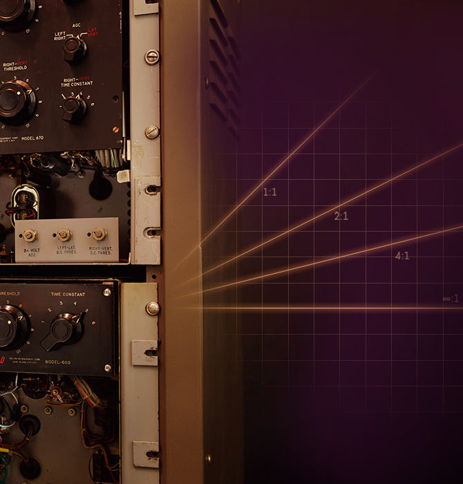 A fairchild 670 compressor next to a diagram demonstrating different compression ratios 