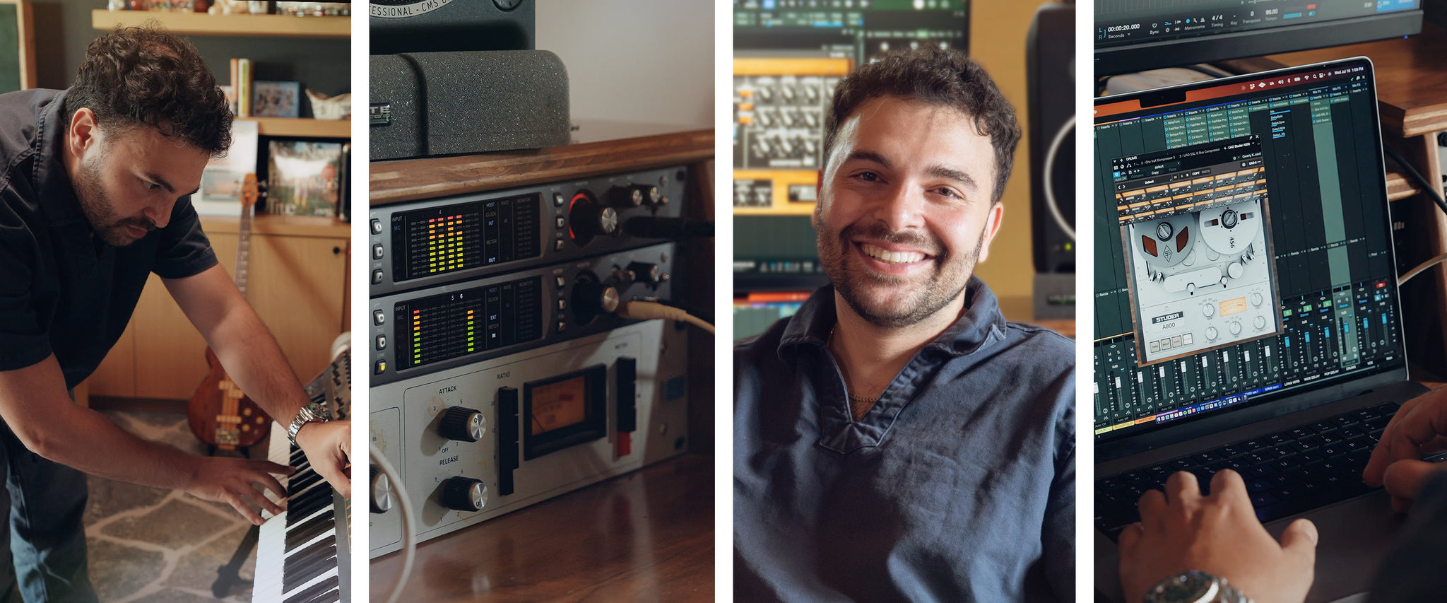 Collage of Imad Royal playing and producing in his home studio