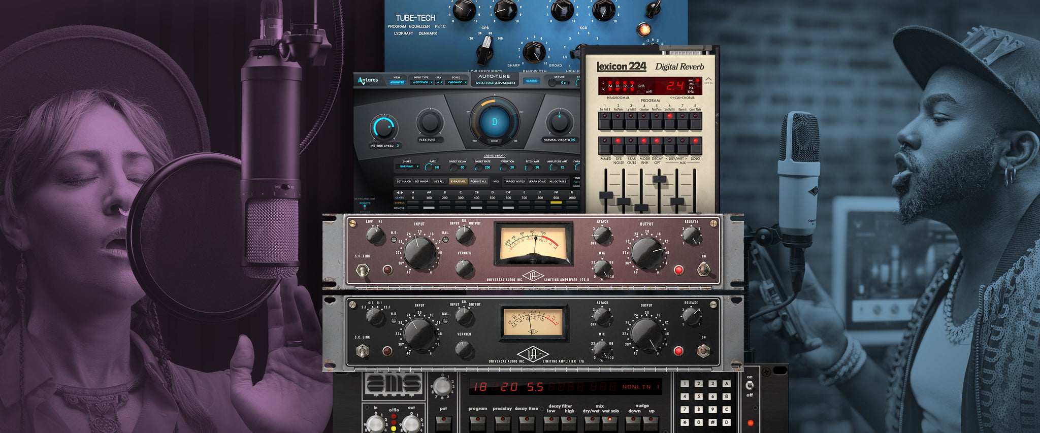 Two vocalists sing into microphones , with a collage of plug-ins between them