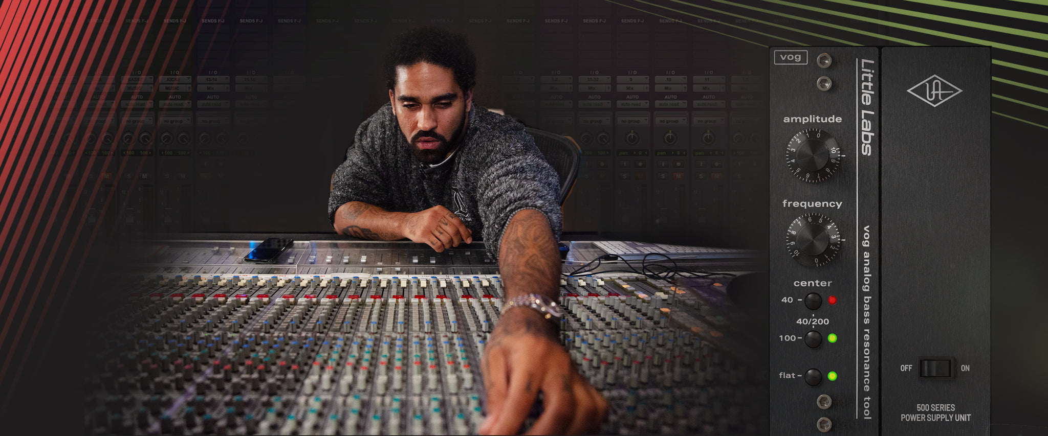 Derek Ali sits at his console along with the Little Labs Voice of God plug-in