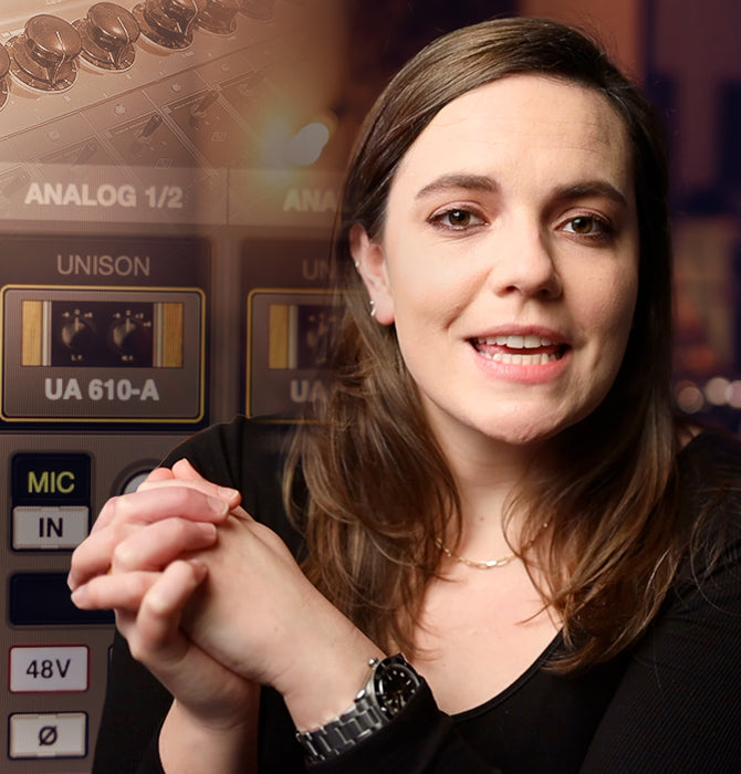 Mary Spender sits, with a UA 610 tube preamp and eq collection plug-in off to the side