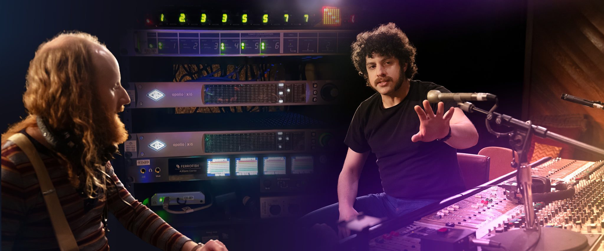 Andrew L. Butler and Eli Gelb sits at vintage recording console