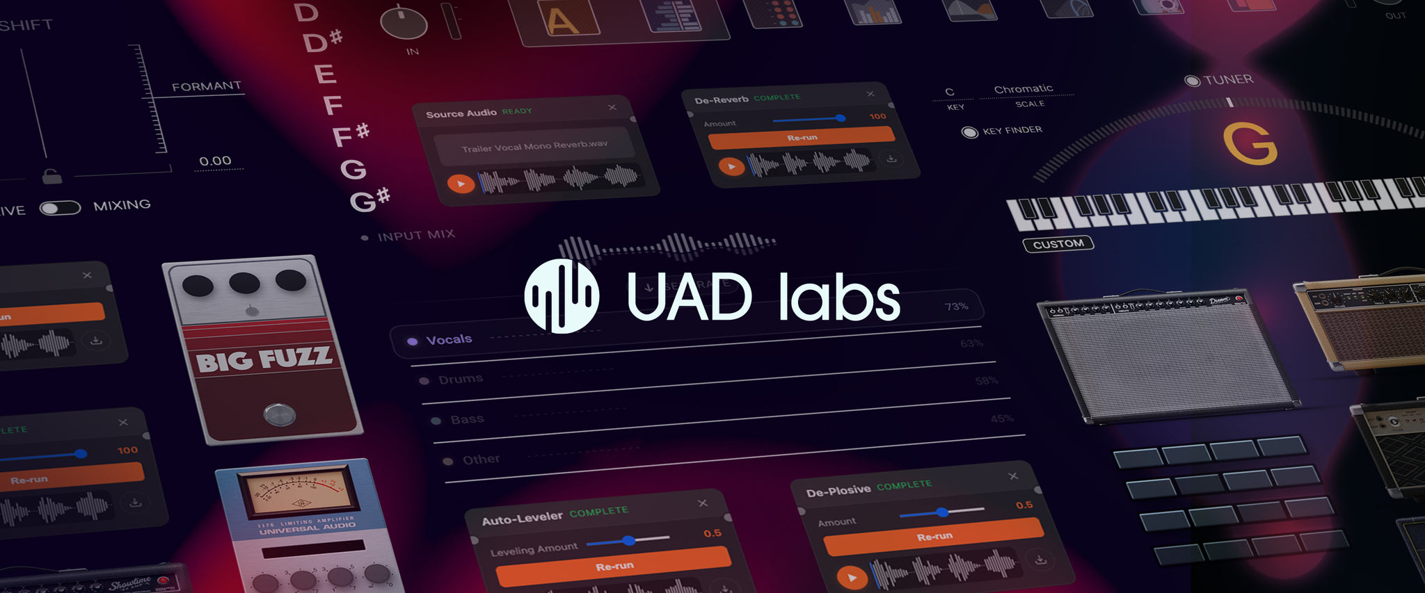 UAD Labs logo and plug-in collage featuring many GUI's