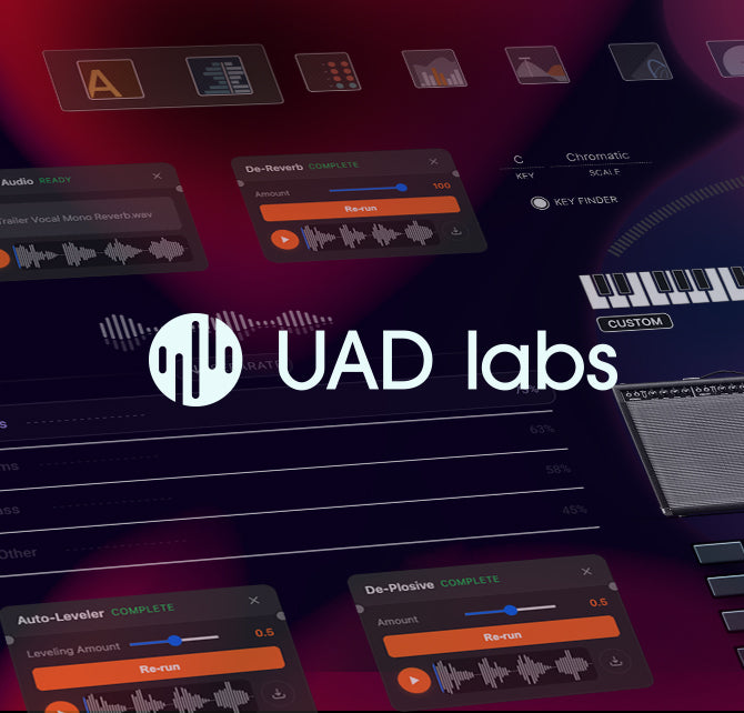 UAD Labs logo and plug-in collage featuring many GUI's